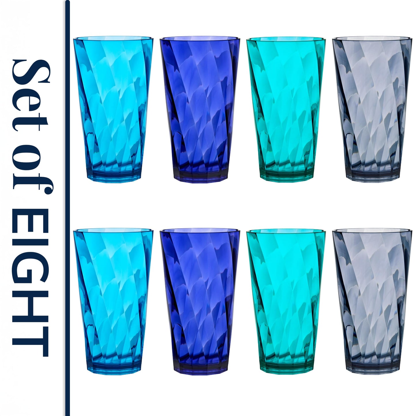 US Acrylic Optix Plastic Reusable Drinking Glasses (Set of 8) 20oz Water Cups in Coastal Colors | BPA-Free Tumblers, Made in USA | Top-Rack Dishwasher Safe