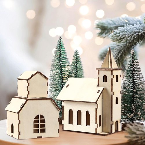 Hiboom 24 Pcs DIY Christmas Village Set - Rustic Wooden Church & Mini Houses for Holiday Decor