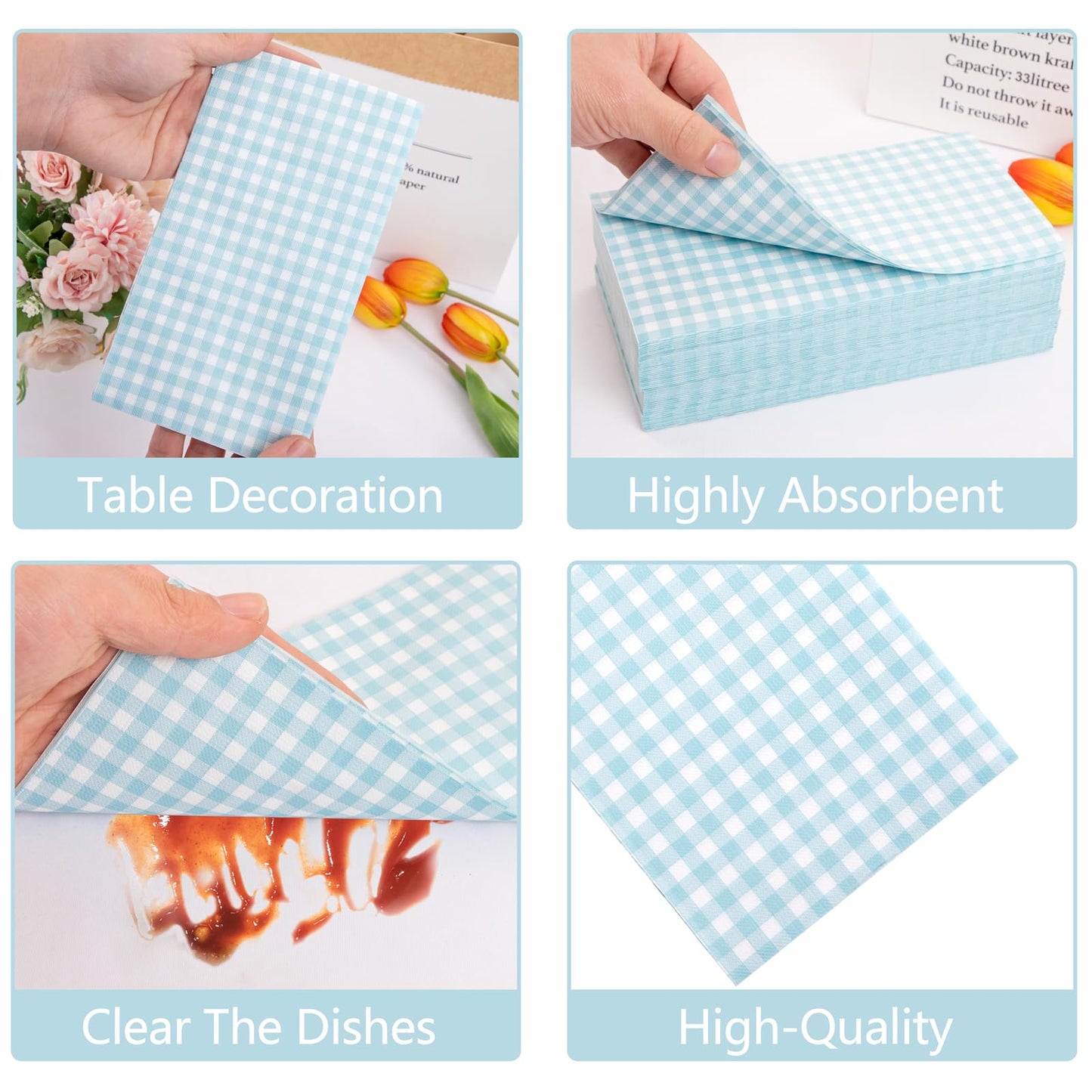 WDF 150Pack Baby Blue Paper Checkered Napkins - 3 Ply Disposable Blue and White Gingham Napkins Guest Dinner Napkins Paper for Bathroom/Picnic/BBQ/Birthday/Wedding