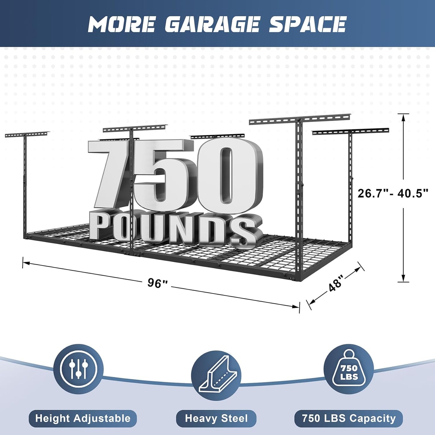 Jusgym Overhead Garage Storage Rack - Height Adjustable 26"-40" | Heavy Duty Metal, 750LBS Capacity