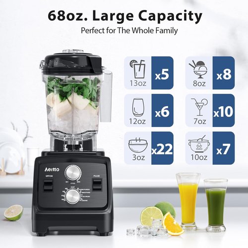 Aeitto Professional Blender - 1800W Motor, 68Oz Capacity, 2-in-1 Blender & Grinder, BPA-Free - Black