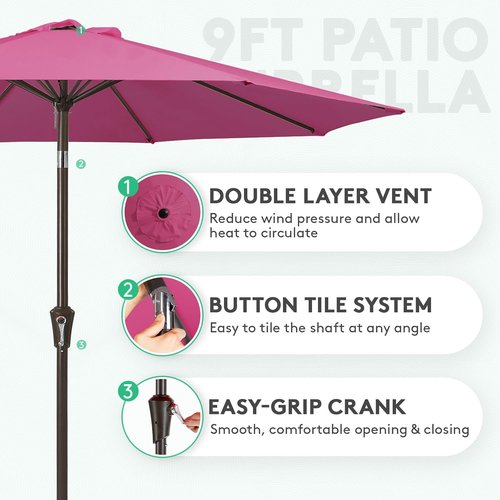 JEAREY 9FT Outdoor Patio Umbrella - Push Button Tilt & Crank | UV Protection, Waterproof - Rose Pink
