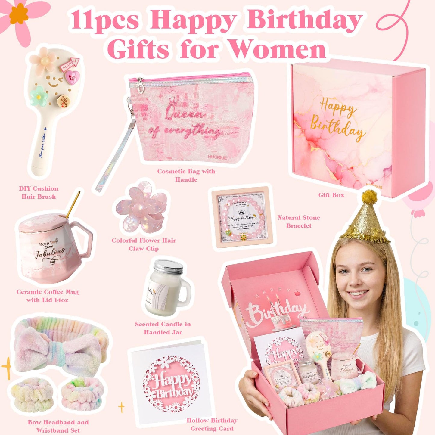 Birthday Gifts for Women Unique, Happy Birthday Gift Box for Teenage Girl, Daughter, Best Friend, Sister, Relaxing Self Care Birthday Gift Basket for Her 16th 18th 20th 21st 25th, Pink