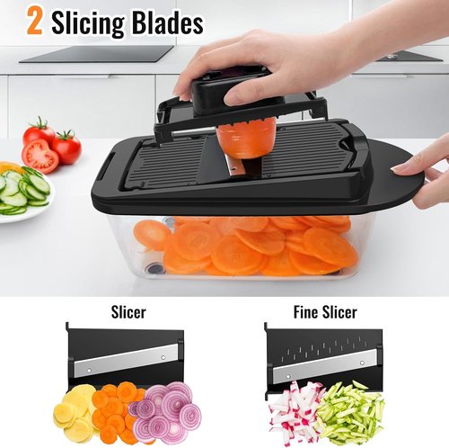 12 Blade Vegetable Chopper Mandoline Slicer - All-in-One Kitchen Gadget with Container | Black