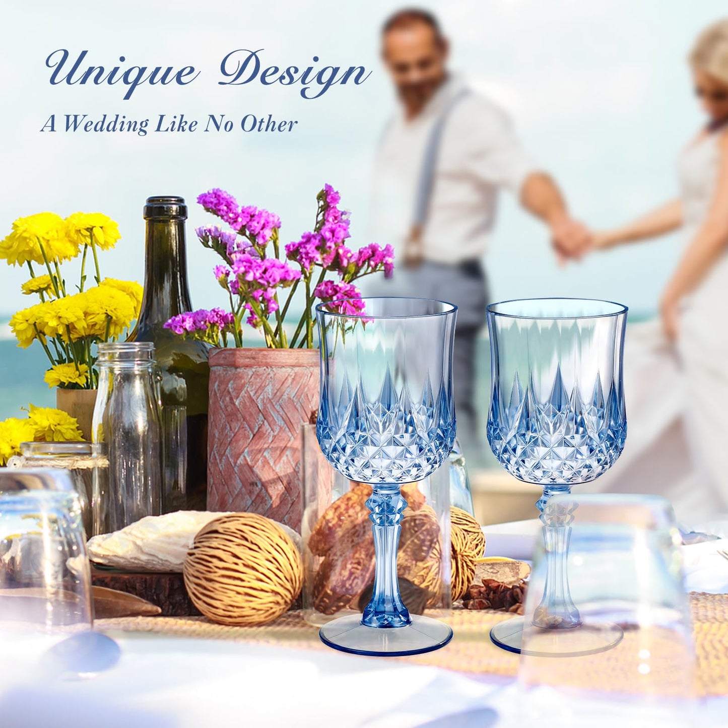Dualshine 12 Pcs Blue Plastic Wine Glasses, Blue Transparent Plastic Goblets for Wedding Reception, Drinking Glasses for Parties, Valentine's Day, Birthdays