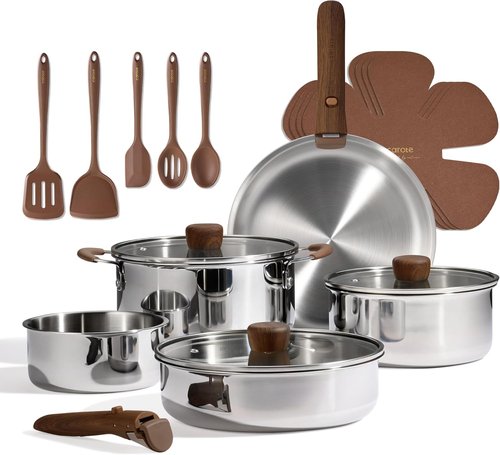 CAROTE 19-Piece Stainless Steel Cookware Set - Induction-Compatible Pots & Pans with Detachable Handle | Oven Safe, Woodgrain Finish