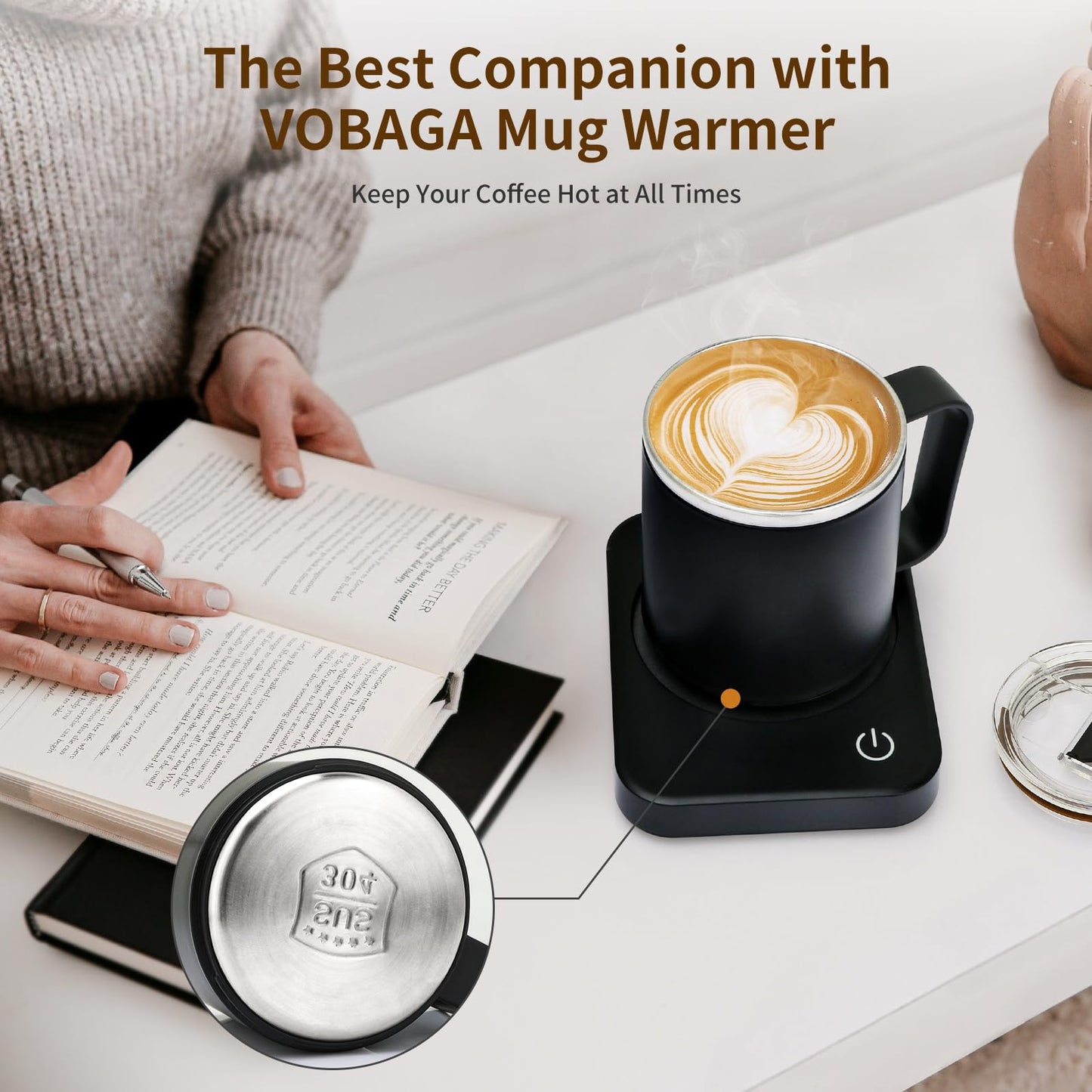 VOBAGA 15oz Stainless Steel Coffee Mug with Flat bottom and Handle, Work with Coffee Warmer for Rapid Heating Coffee, Tea and Milk Office Desk Accessories Black