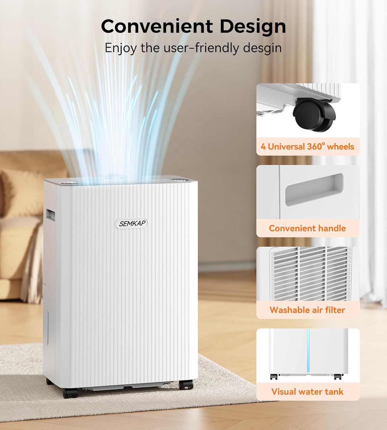 SEMKAP 2500 Sq.Ft Dehumidifier - 32 Pints for Home, Large Rooms & Basements | Low Noise & Smart Control