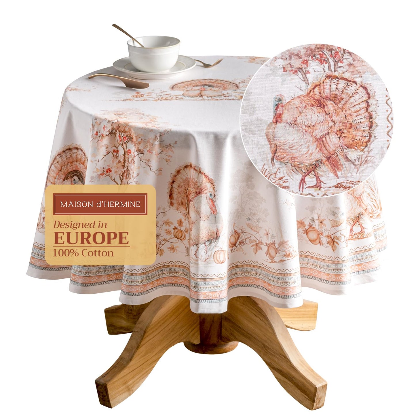 Maison d' Hermine Table Cloth Round Table 100% Cotton 69 Inches Fall Tablecloth Reusable Everyday Use for Thanksgiving Christmas Decorations Dining Farmhouse Party (Giving Thanks)