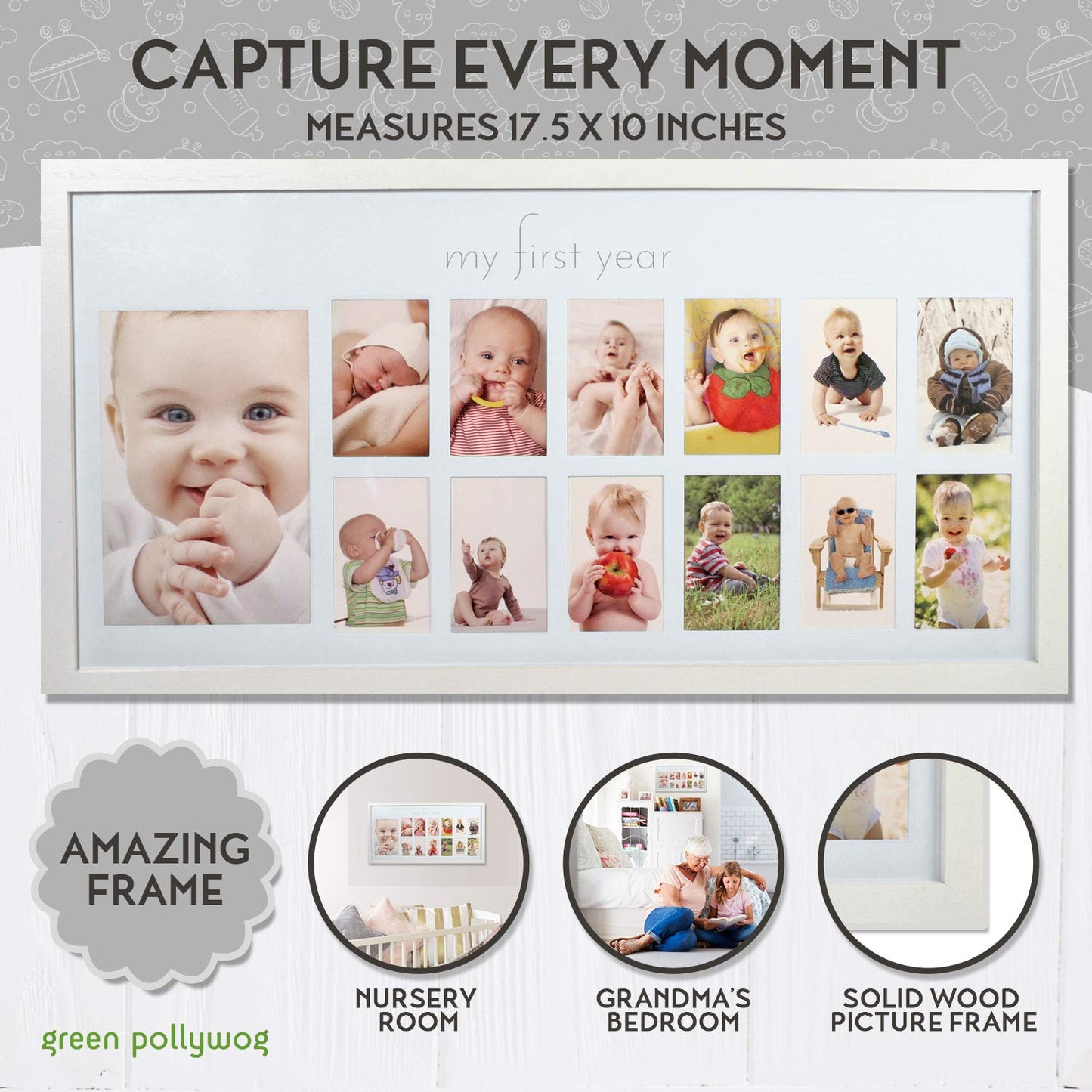 Green Pollywog | Baby's First Year Frame | Collage Frame For Baby In White | 12 Month Picture Frame | Milestone Photos | First Year Picture Mat | My First Year Photographs