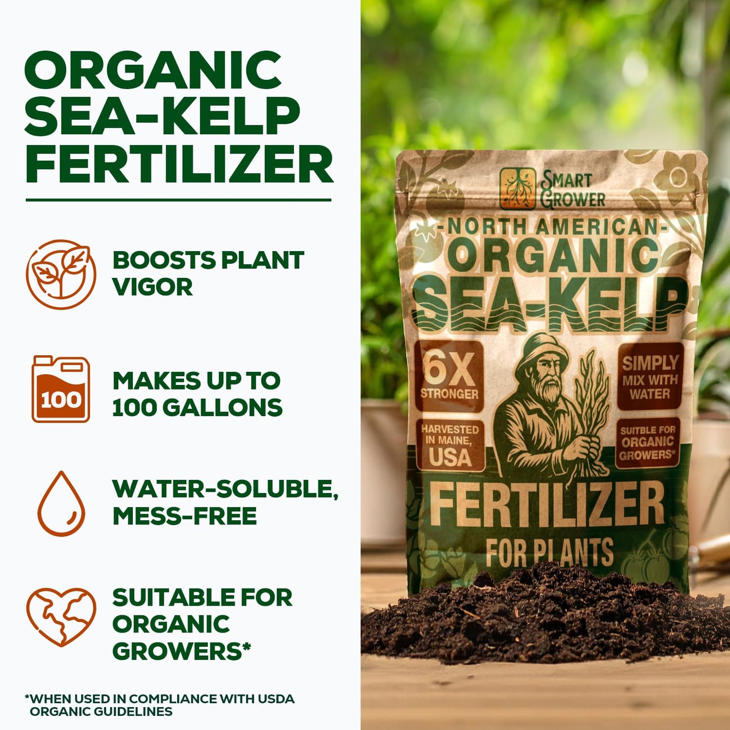 Smart Grower Organic Sea Kelp Fertilizer - Water-Soluble Plant Food for Indoor Gardens | 4oz Bag Makes 100 Gallons