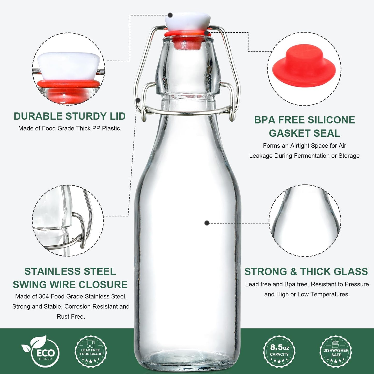 16 Pack 8.5oz Flip Top Glass Bottles, Swing Top Beer Brewing Bottle for 2nd Fermentation, Kombucha, Kefir, Vanilla Extract, Coquito, Juice, Tea - Airtight Stopper Cap Lid, Bonus 4 Bottle Pourers