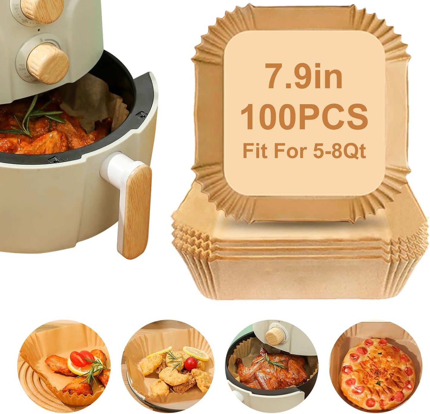 Skiennix Air Fryer Paper Liners - 100 Pcs Non-Stick Parchment for 7.9" Square Baskets | Food Grade Accessories