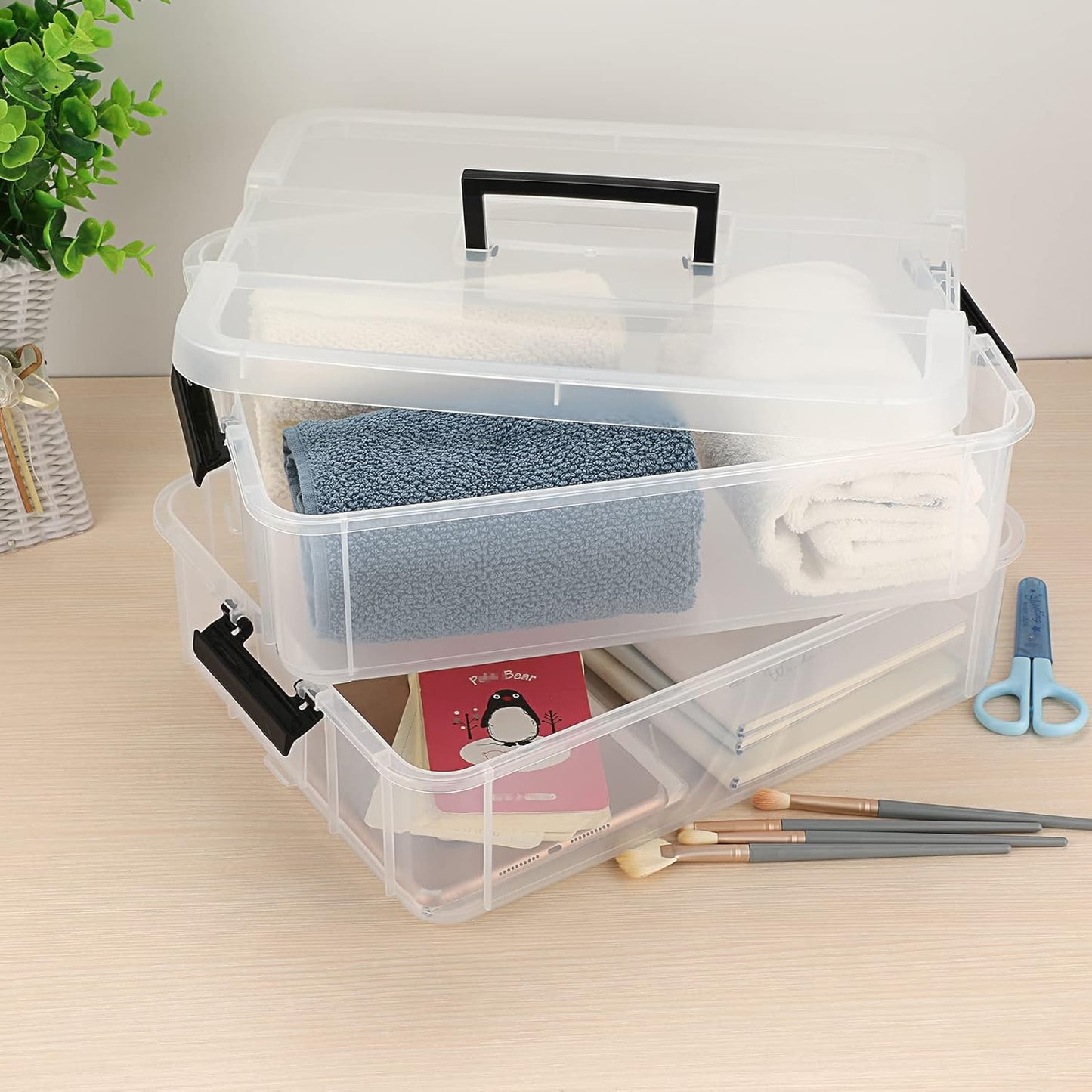 JUXYES Stackable Storage Box - 2-Tier Transparent Container with Handle for Office & School Supplies