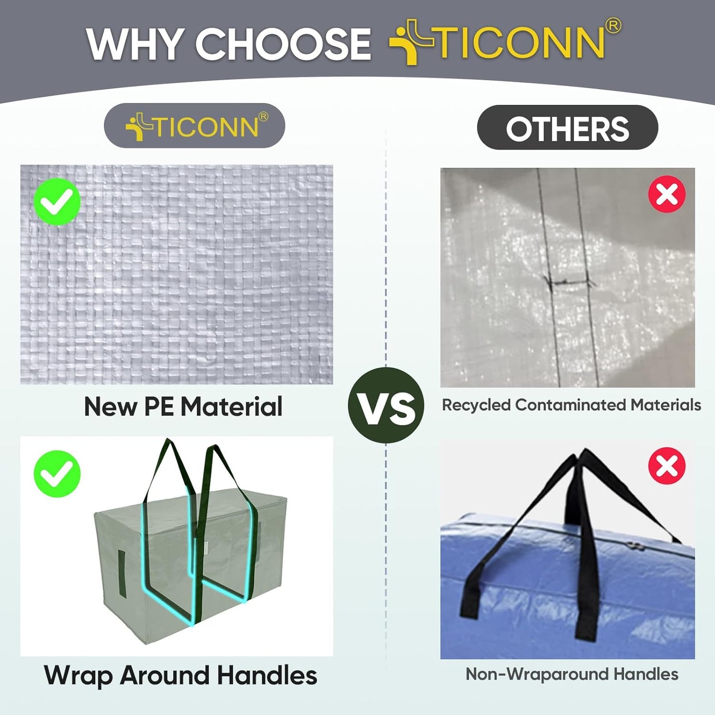 TICONN Extra Large Heavy Duty Moving Bags - Durable Storage with Zippers & Handles | 8 Pack, Olive