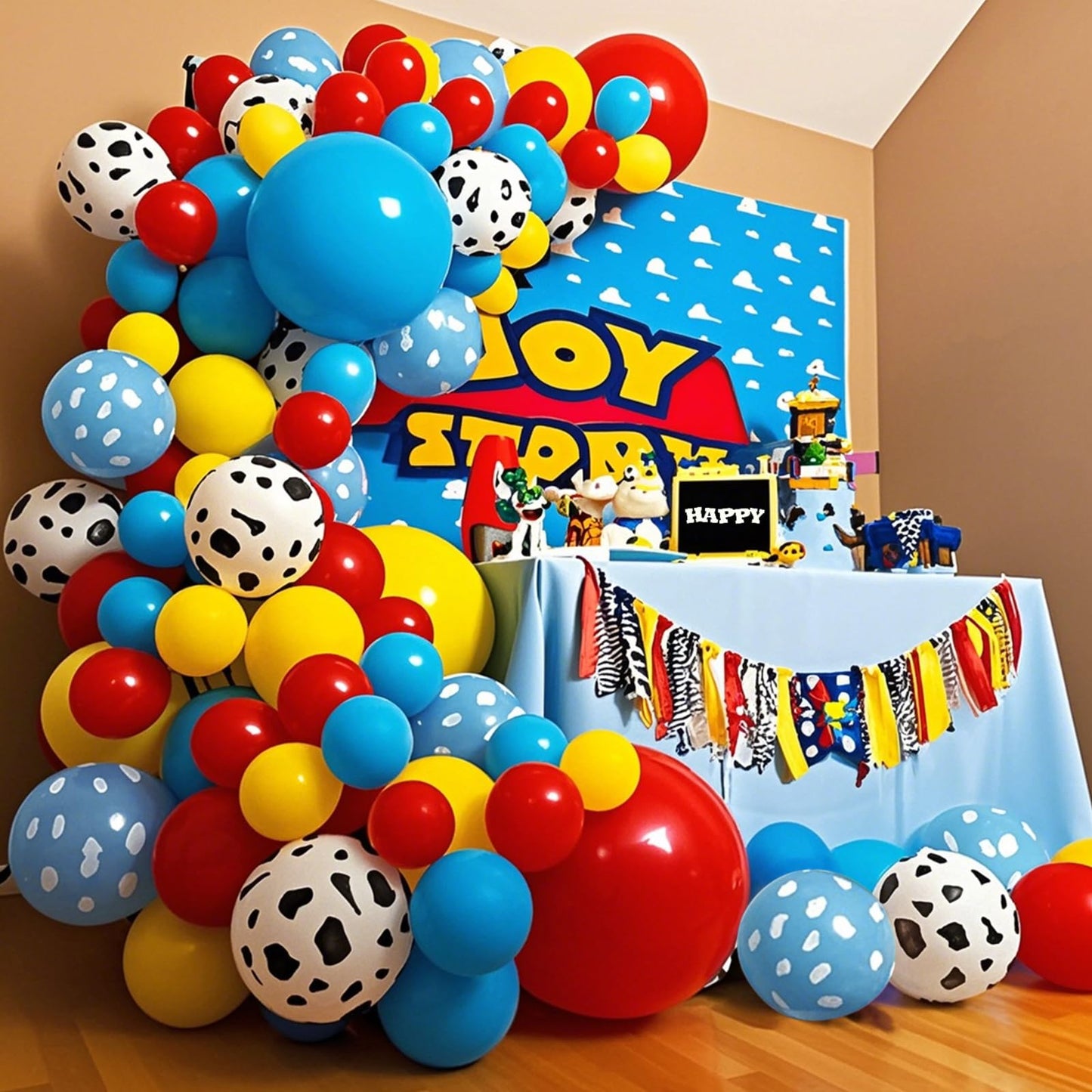 68Pcs Red Yellow Blue Toy Balloons 12 Inch Light Blue Cloud Cow Print Balloons for Baby's Birthday Story and Football Party Themed Decorations.