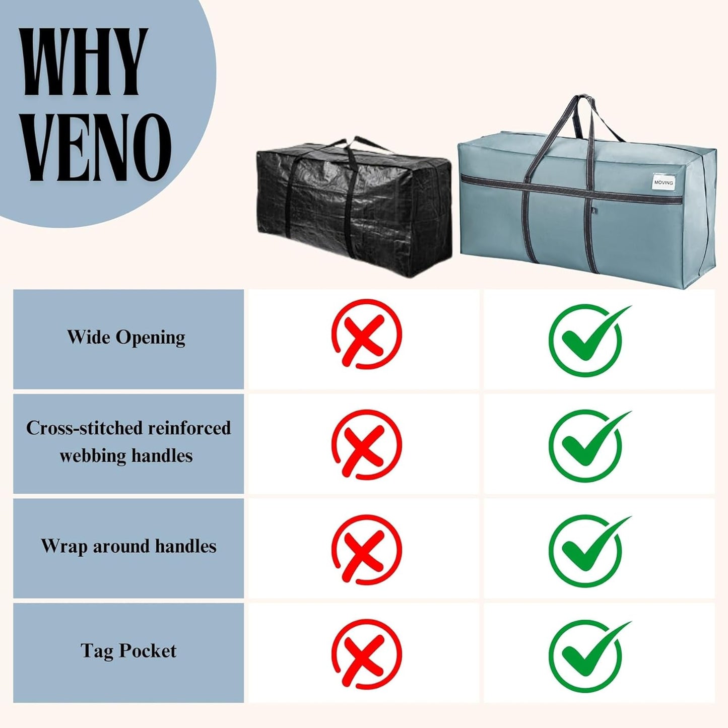 VENO Extra Large Moving Bags - Heavy Duty Storage Solution | Ideal for College & Holiday Packing (Light Blue Matte, 2 Pack)