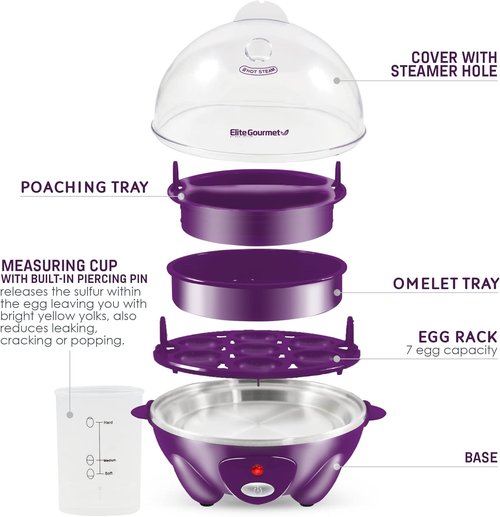 Elite Gourmet Electric Egg Cooker - 7 Egg Capacity Poacher & Omelet Maker | Auto Shut-Off, BPA Free