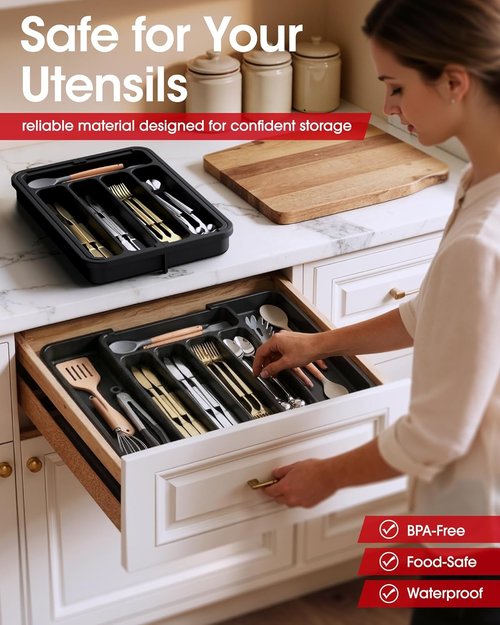 Aujen Silverware Organizer - Expandable Utensil Tray with Adjustable Sections | Black, Medium Size