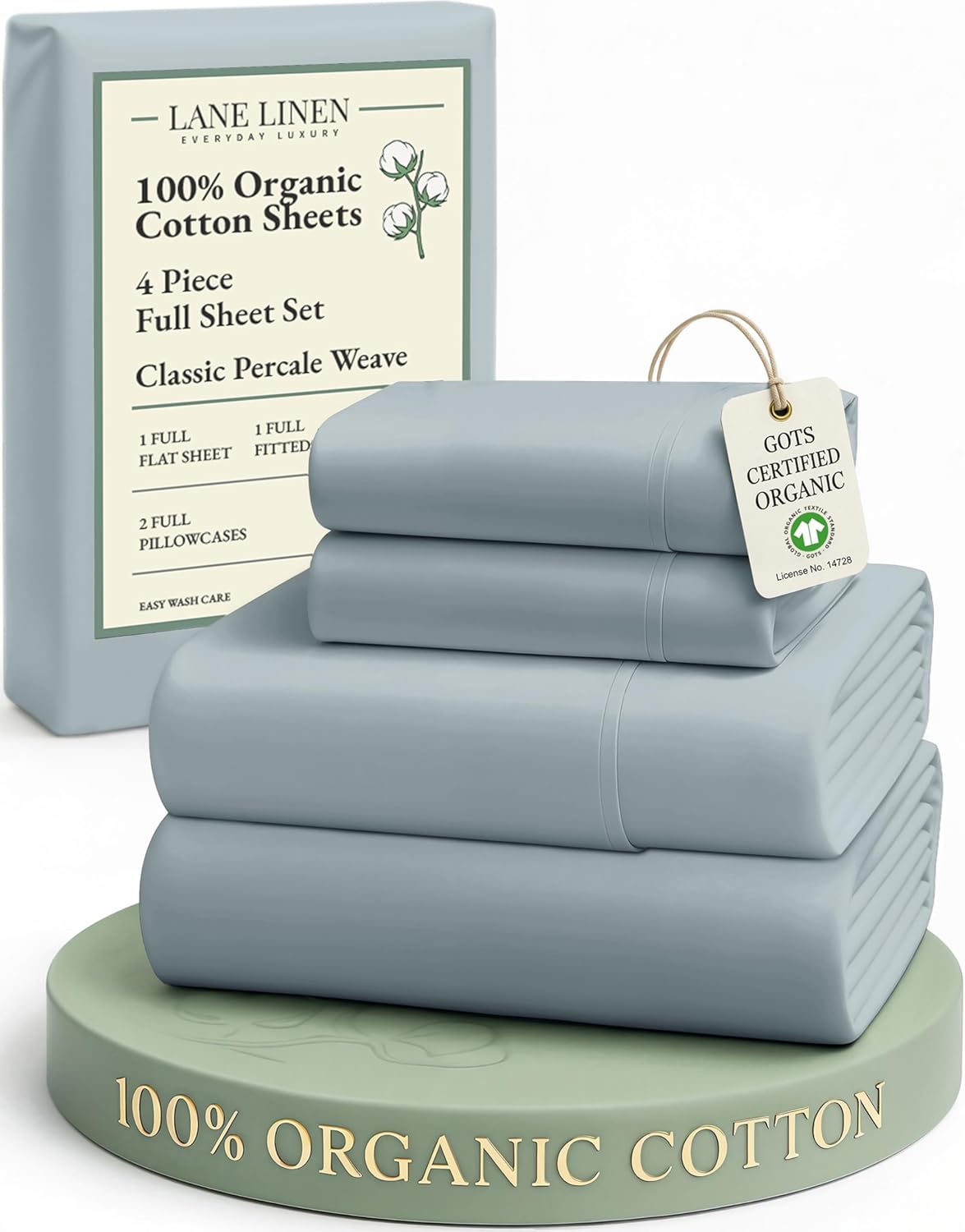 LANE LINEN 100% Organic Cotton Full Sheet Set - 4-Piece Soft Percale Bedding in French Blue, Fits Mattresses Up to 15" Deep