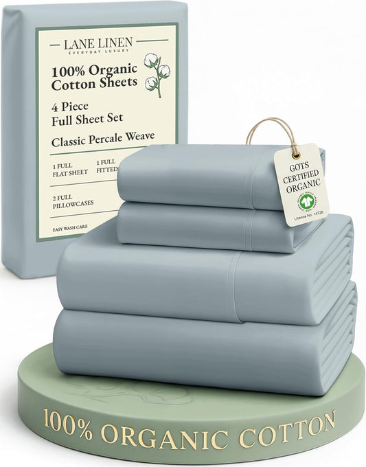 LANE LINEN 100% Organic Cotton Full Sheet Set - 4-Piece Soft Percale Bedding in French Blue, Fits Mattresses Up to 15" Deep