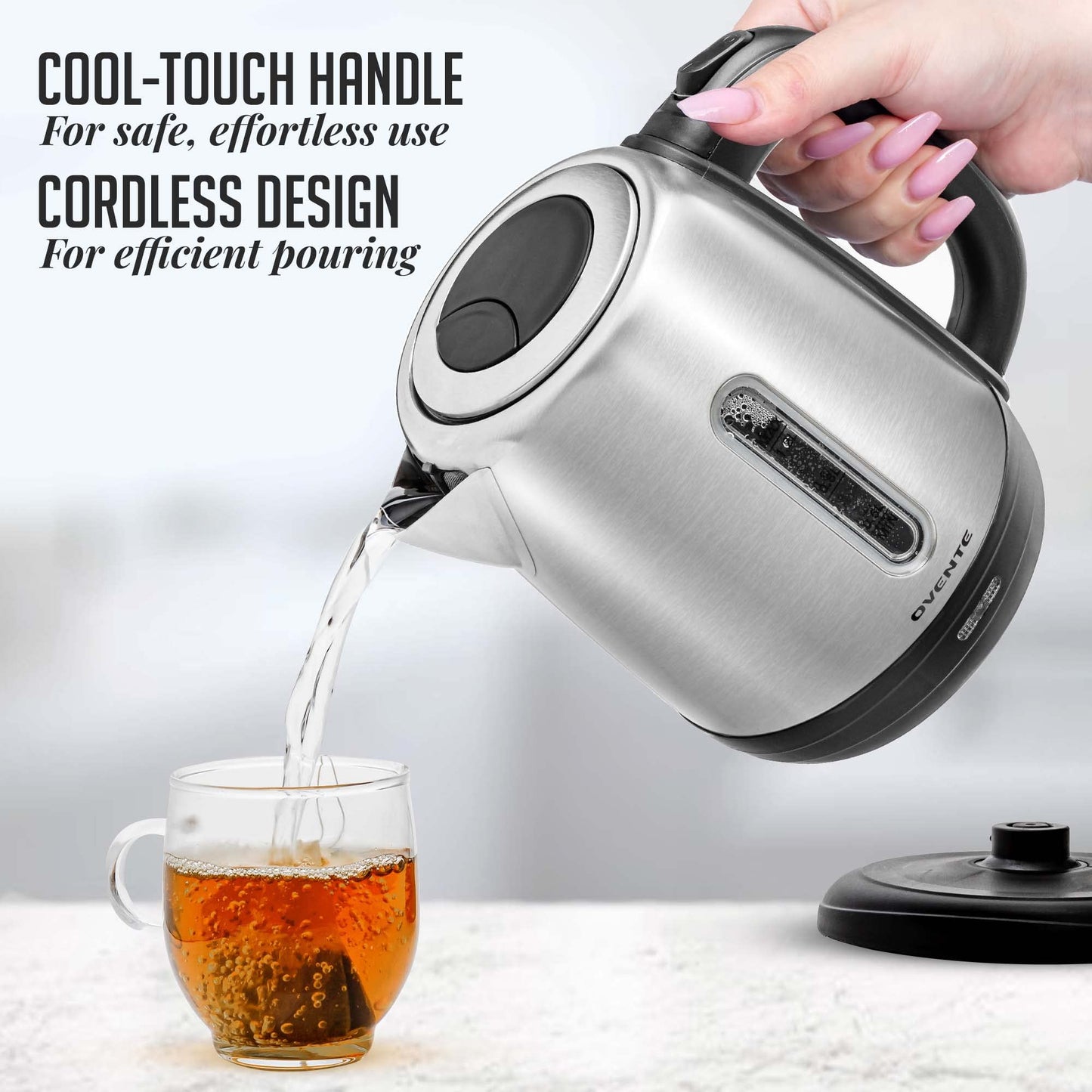 OVENTE Electric Tea Kettle Stainless Steel 1.2 Liter Portable Instant Water Boiler Heater 1100W Power Fast Boiling with Cordless Body and Automatic Shut Off for Coffee Milk Chocolate Silver KS22S