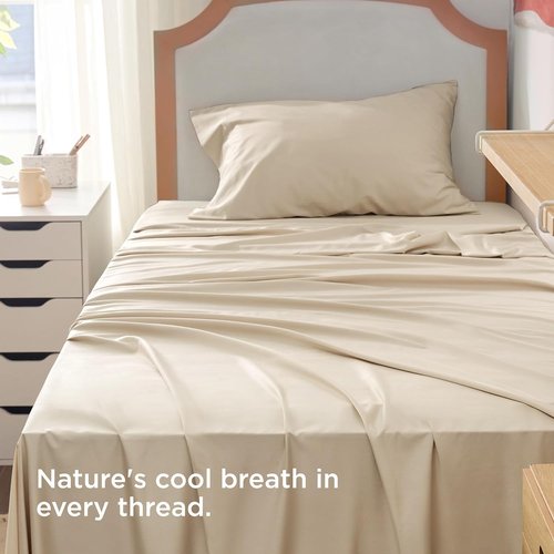 Bedsure Cooling Twin XL Sheets - Breathable Rayon from Bamboo, Soft & Luxurious, Deep Pocket Up to 16 Inches, Beige
