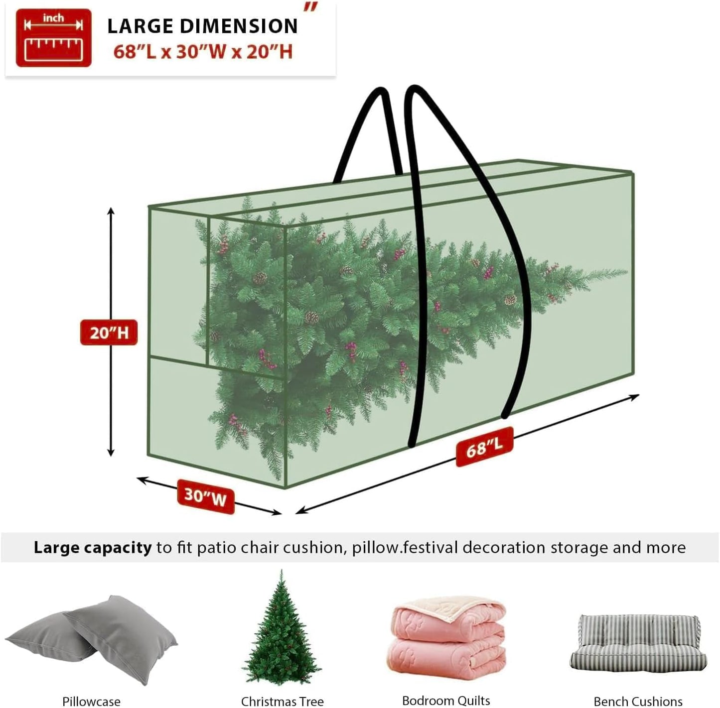 Skiennix Extra Large Christmas Tree Storage Bag - Waterproof Heavy-Duty 68” L x 20” H x 30” W for 9-12 Ft Trees