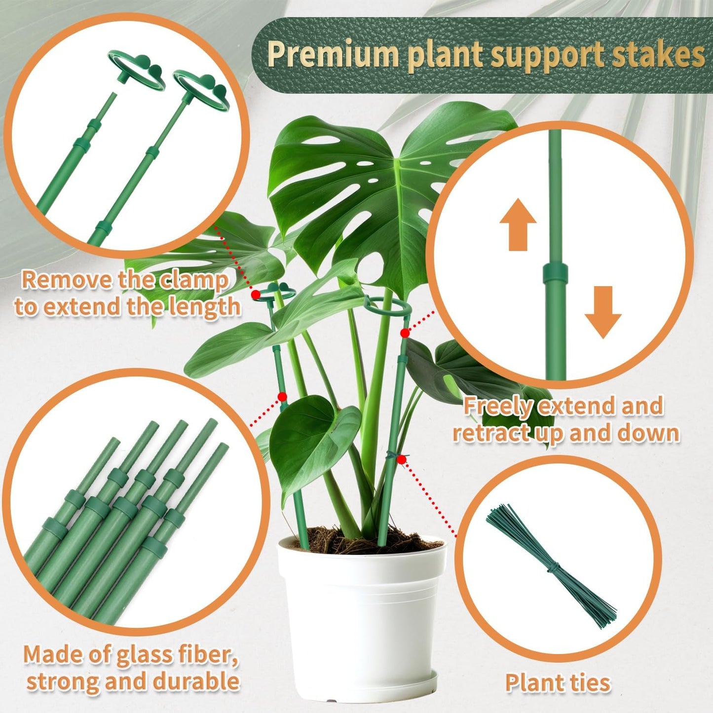 Telescoping Plant Stakes - Adjustable 17.9In to 42.3In Support for Monstera, Orchids & Vines