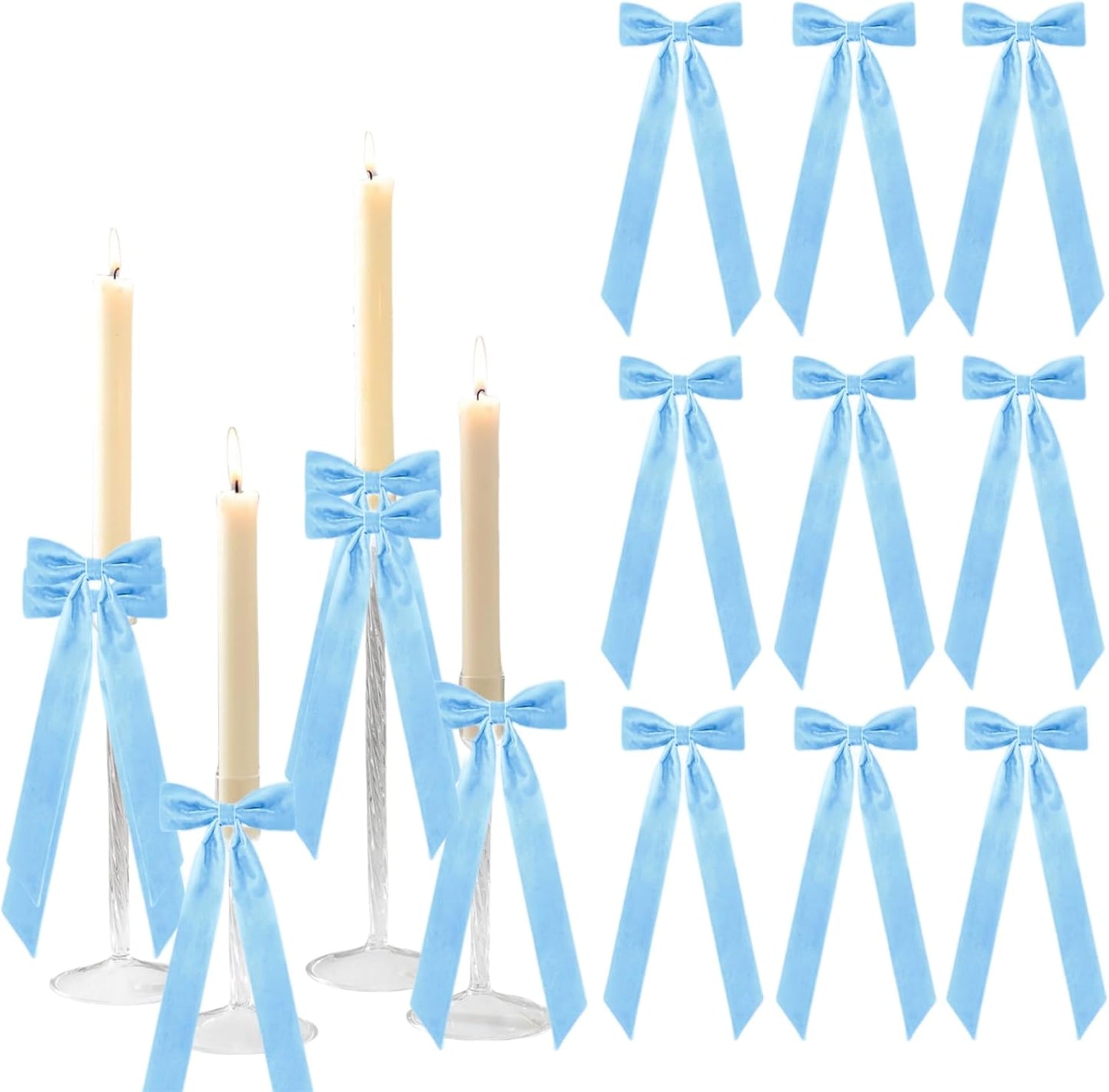 Meseey Candlestick Holders - 12 Pcs Baby Blue with Decorative Velvet Bows | 5x13.5 Inch Centerpieces for Events