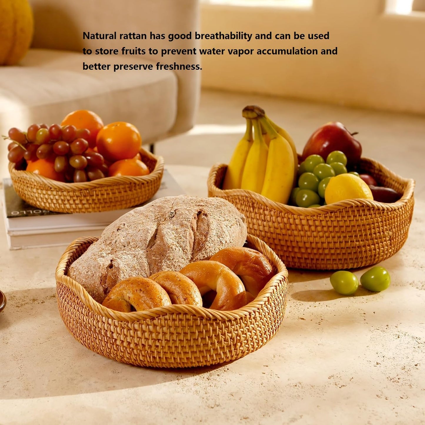 Rattan Woven Fruit Basket, Natural Round Bread Basket, Decorative Fruit Bowl for Kitchen Counter, Kitchen Storage Baskets for Vegetables, Eggs,Snacks