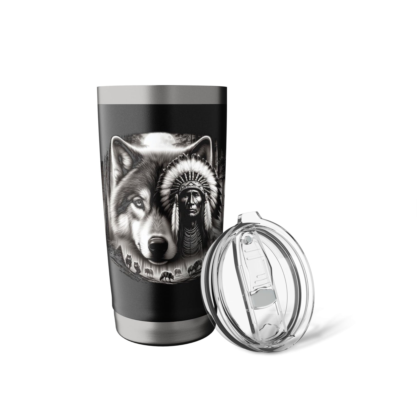 Native American Indian and Wolf Feathers Chief Art Stainless Steel Insulated Tumbler