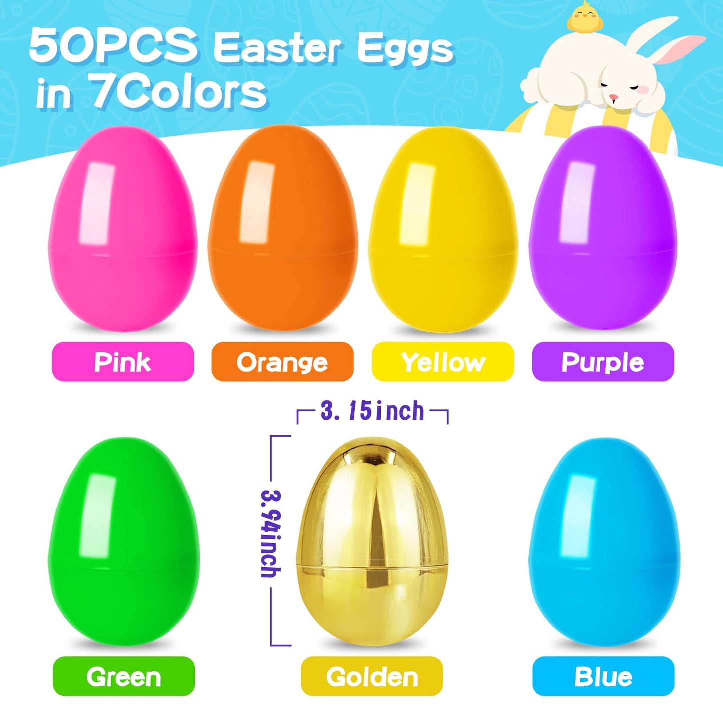 MGparty 50 Pcs Large 4" Fillable Easter Eggs Plastic Empty Easter Eggs Bulk with 2 Golden Eggs for Easter Egg Hunt, Basket Stuffers, Party Favors, Decorations