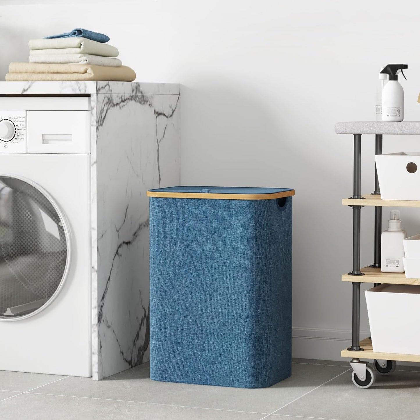 Lifewit 80L Laundry Basket - Foldable Clothes Hamper with Lid & Bamboo Handles | Dark Blue
