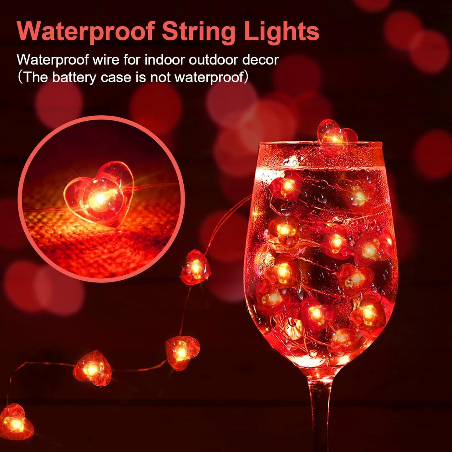 Skiennix Red Heart Fairy Lights - 7Ft 20 LED Twinkle String Lights | Battery Operated & Waterproof for Valentine's Day, Weddings & Parties - 2 Pack