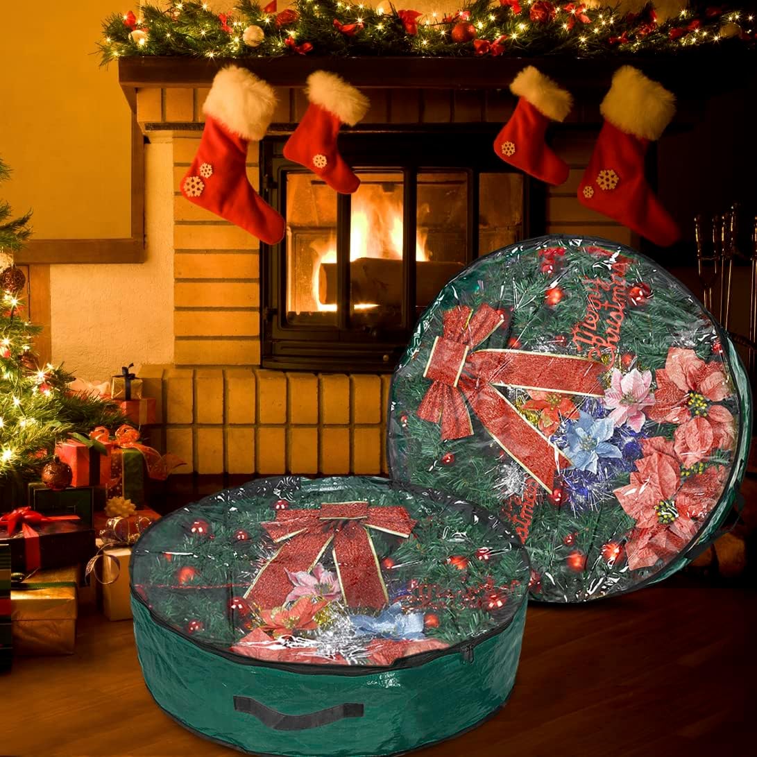 Propik Christmas Wreath Storage Bag - 36-Inch Tear-Resistant Holiday Container with Clear Window | 2 Pack, Green