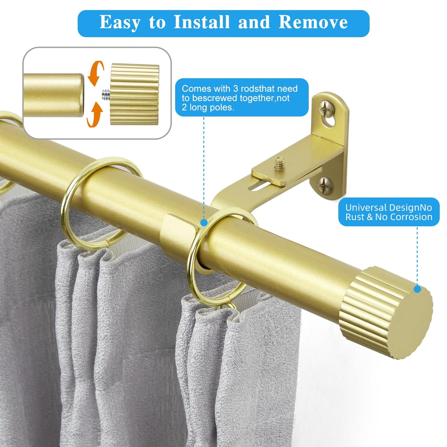 AMZSEVEN Curtain Rods for Windows, Drapery Rod 1 inch Diameter, Curtain Rod with Cylindrical Finials (Gold, 16" to 48" - 1'' rod)