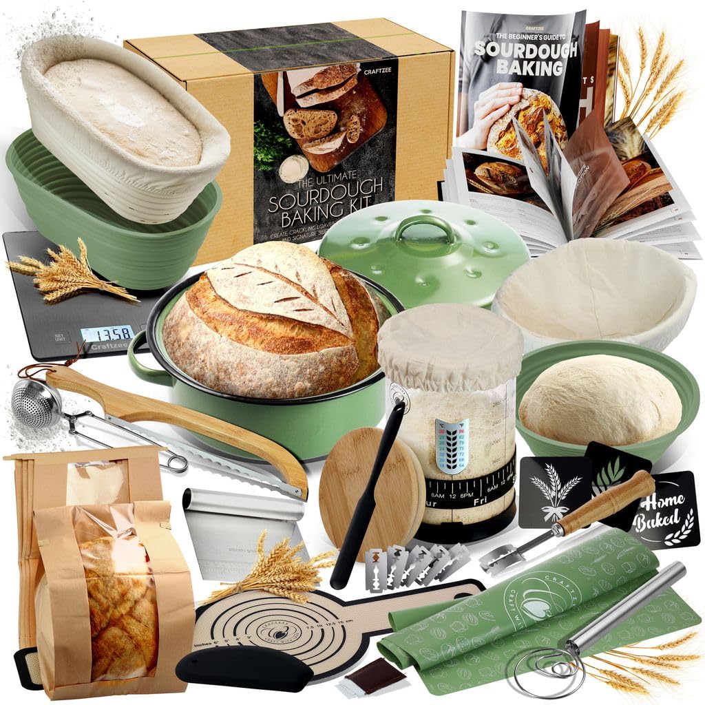 CraftZee All-Inclusive 𝗣𝗥𝗘𝗠𝗜𝗨𝗠 Sourdough Starter Kit with Pot, 34 Oz Starter Jar, 4 Banneton Bread Proofing Baskets, Scraper, Scale, Sourdough Bread Baking Supplies, Beginner Guide & Recipes