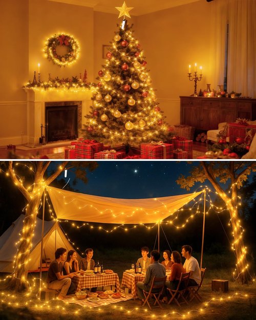 btfarm Rechargeable Fairy Lights Battery Operated, 33FT 100LED Twinkle Lights with Remote & Timer, 8 Modes Waterproof String Light for Indoor Outdoor Christmas Camping Plants Craft Decor, Warm White