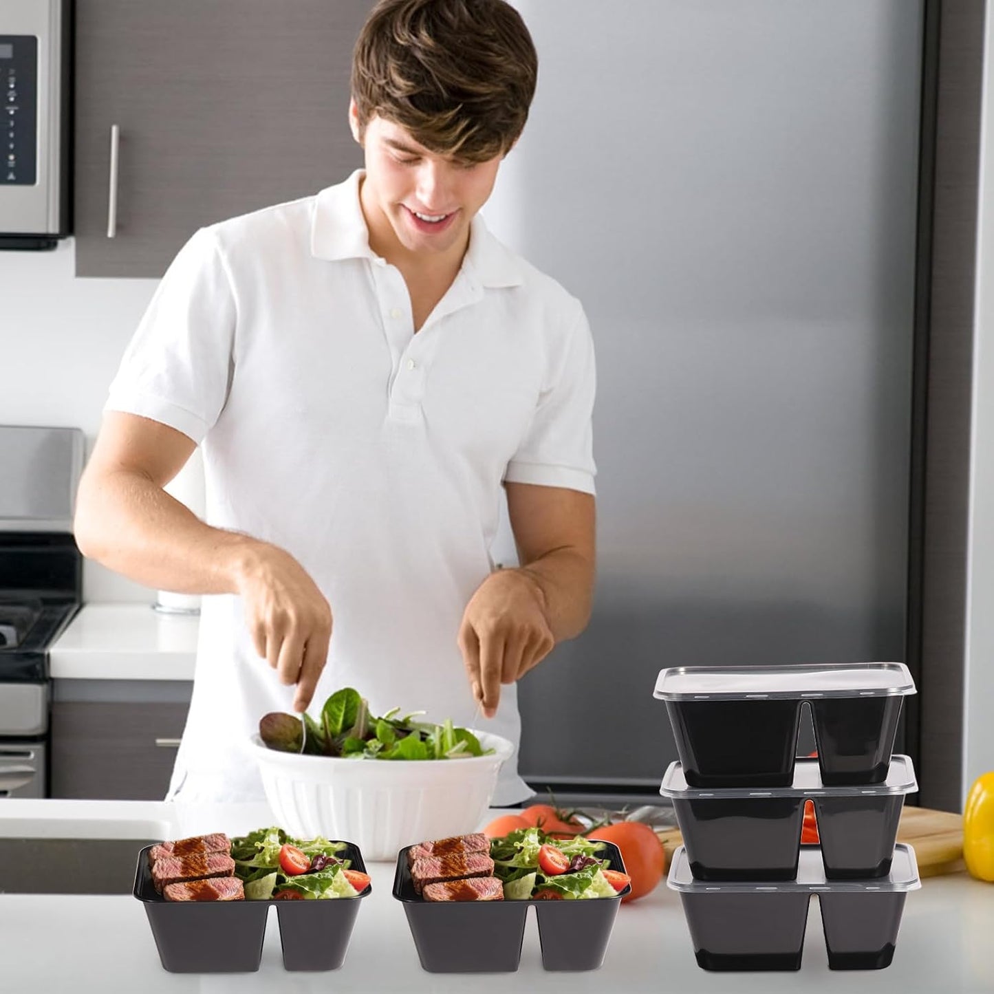 Qewro 32oz Meal Prep Containers - 50 Pack, 2-Compartment, Reusable & Disposable, Microwave Safe