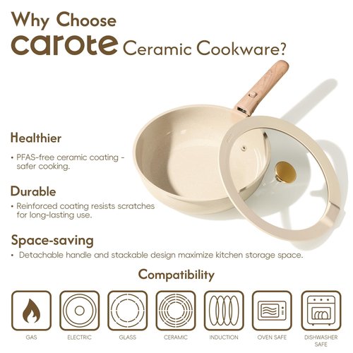 CAROTE 22PCS Pots and Pans set Non Stick, Ceramic Cookware Set, RV Kitchen Cooking Set Removable Handles, Oven Safe, Induction Coolware, Non-toxic Kitchen Cooking Set, PFAS and PFOA Free
