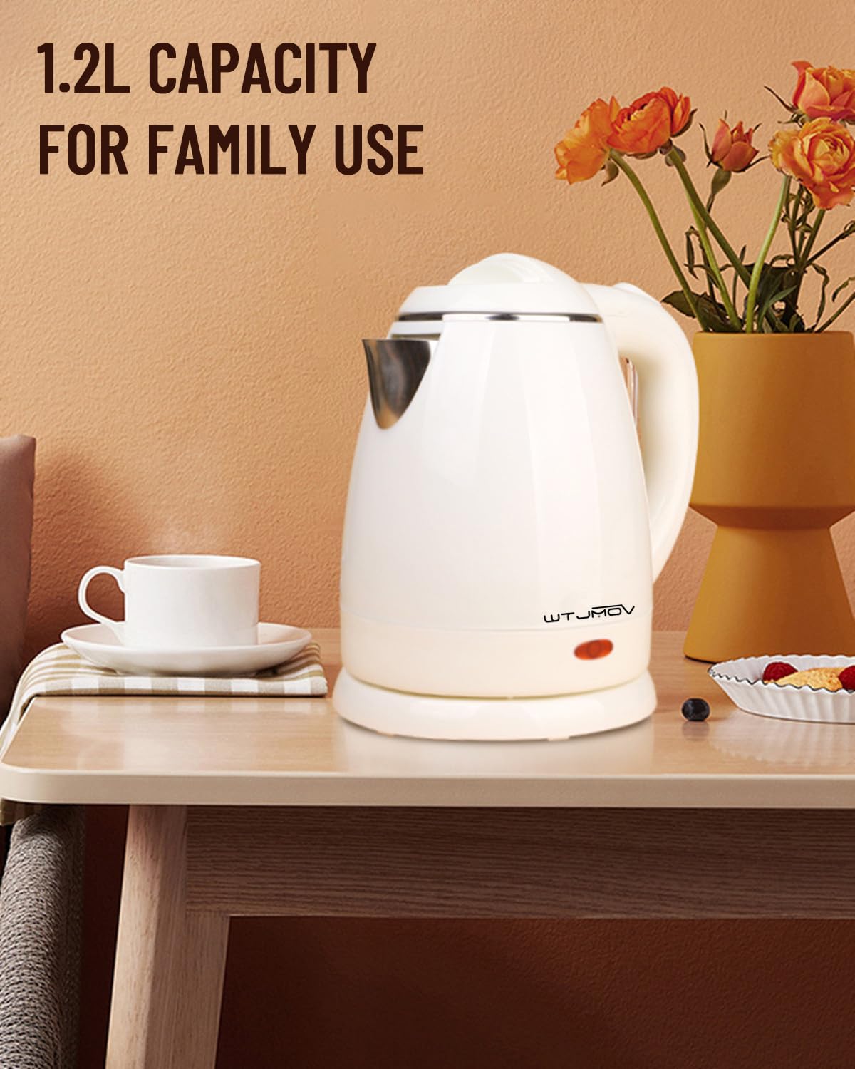 WTJMOV 1.2L Electric Kettle Small, 40 Ounce Hot Tea Kettle Double Wall Stainless Steel, 1200W Electric Water Boiler Rapid-Boil Auto Shut Off Black