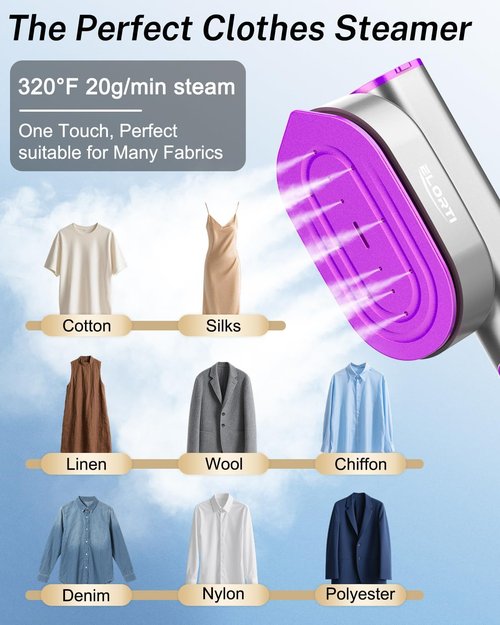 ELORTI Travel Clothes Steamer - Handheld Mini Iron with 10s Fast Heat-Up, 1200W, Purple | Perfect for Home & Office