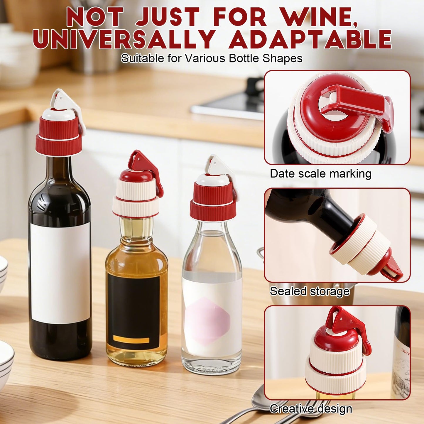 Vacuum Wine Stopper with Date Marker, Lever-Lock Wine Saver, 100% Leak-Proof Airtight Seal for Horizontal Fridge Storage, Reusable Wine Bottle Topper Gift for Wine Lovers (Red)