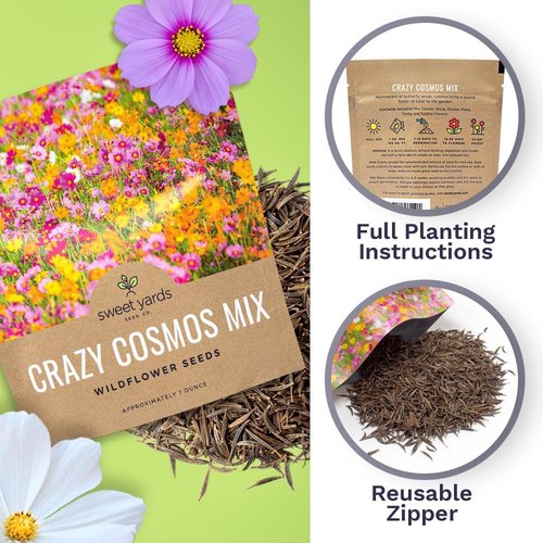 Cosmos Seeds Wildflower Mixture - Bulk 1 Ounce Packet with 5,000+ Colorful Seeds | Pink, Yellow, Orange, Red, Purple, White