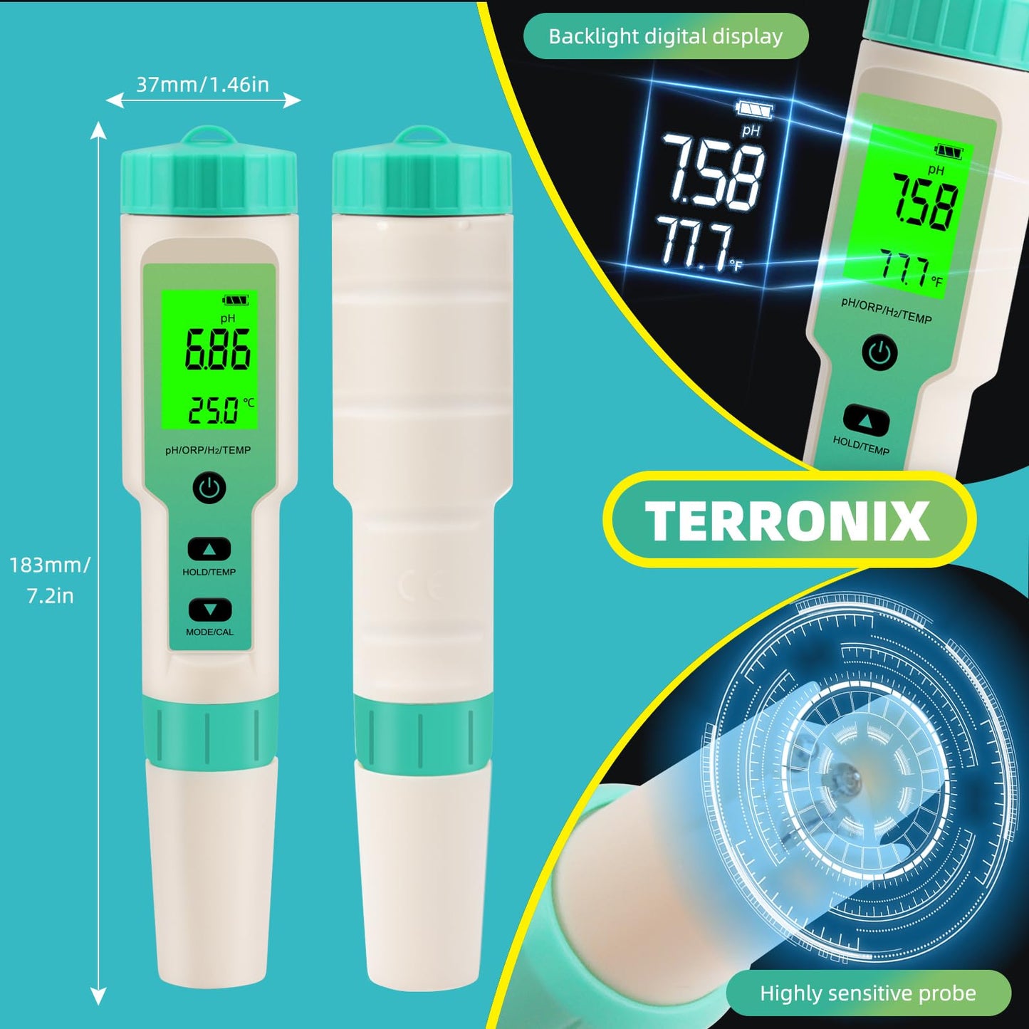 Terronix Hydrogen Water Tester, 4-in-1 pH H2 ORP Temp Meter, High Accuracy Hydrogen Tester for Water, Portable ORP Meter for Drinking Water, Aquarium, Hydrogen Water Bottle, Home and Lab Use, Pool