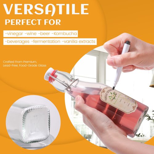 12 Pack 8oz Swing Top Glass Bottles, Square Flip Top Glass Bottles with Airtight Lids for Vanilla Extract, Home Brewing, Kombucha, Vinegar, beer, soda, beverages - Included Complete Brewing Kit