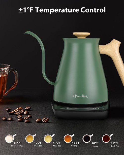 Harriet Gooseneck Electric Kettle - 1200W Fast Heat, 0.8L Stainless Steel, Precision Temp Control & Timer, Wood Handle, Pour Over Coffee and Tea, Green