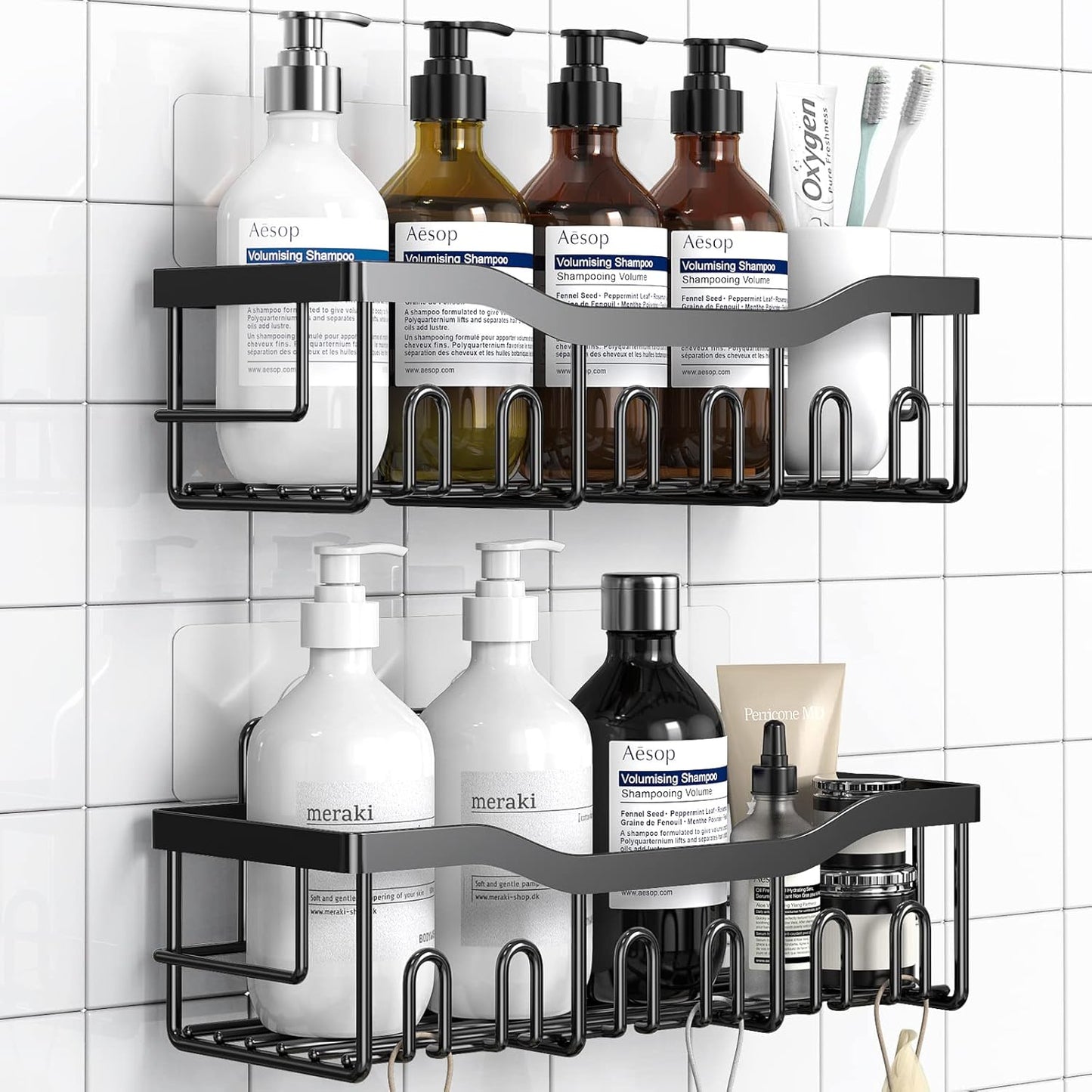 Skiennix Shower Caddy 2 Pack - Adhesive Bathroom Organizer with Large Capacity | Rustproof Stainless Steel