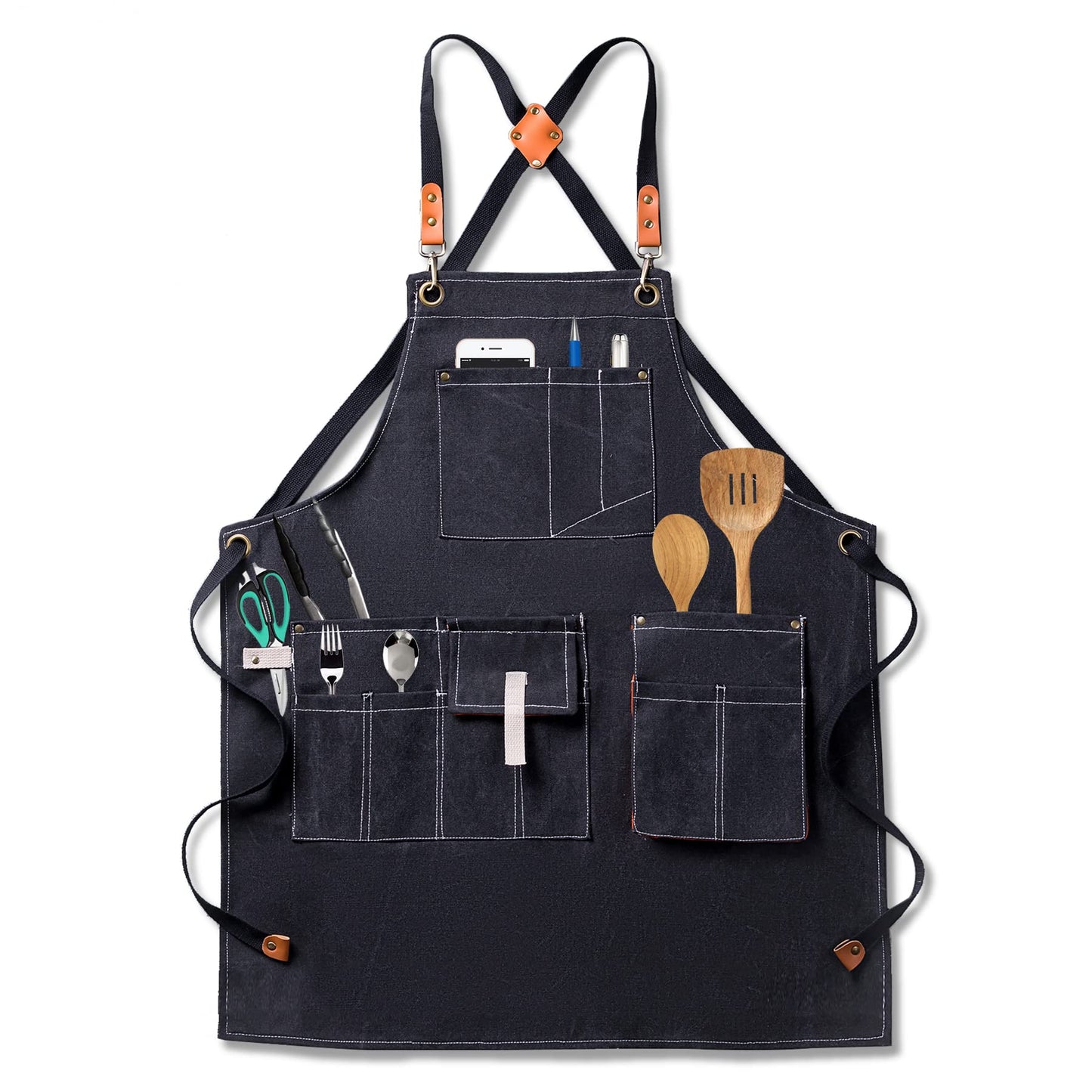 Aoomzoon Canvas Aprons for Men Chef Apron, Work Apron with Large Pockets - Durable 16oz Heavy Duty Cross Back, BBQ, Cooking(Black, 1 Pack)